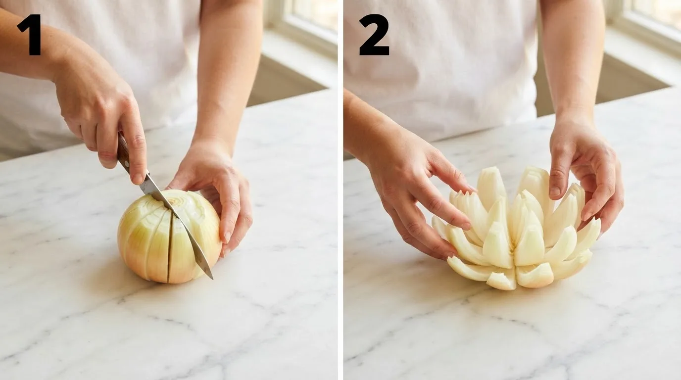 Hands slicing a peeled onion into even wedges on a marble surface / Onion petals gently spread open into a flower shape by hand