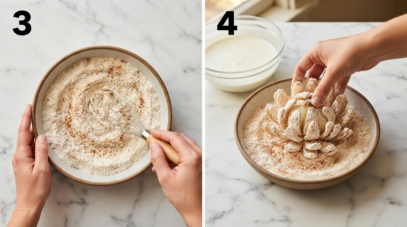 Whisking seasoned flour with paprika and cayenne for onion blossom coating / Lowering buttermilk-soaked onion petal-first into seasoned flour