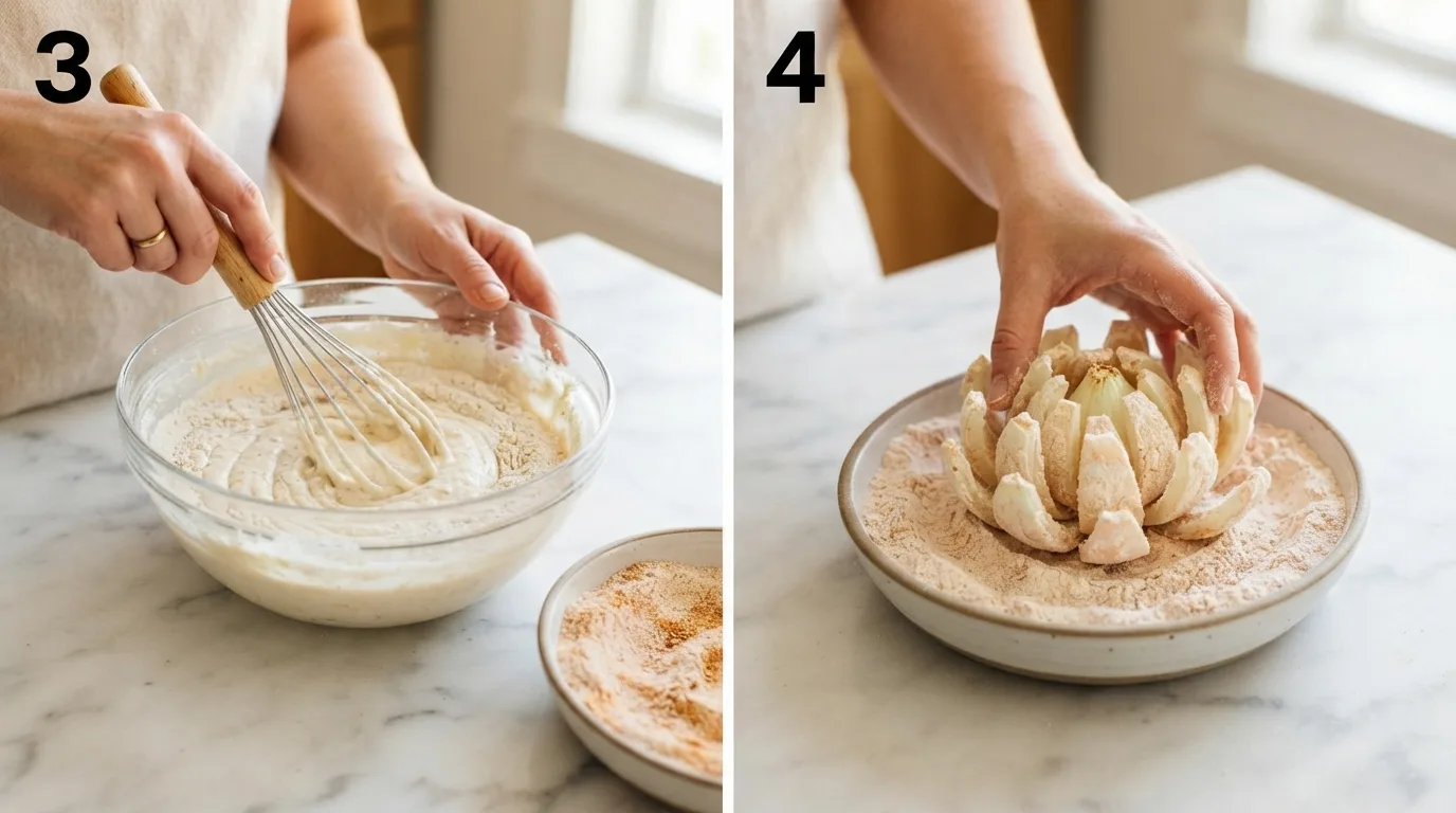 Whisking thick buttermilk batter in a glass bowl beside seasoned flour / Dipping the opened onion cut-side down into seasoned flour