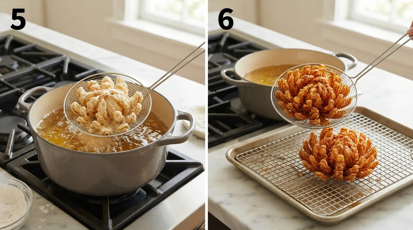 Battered onion blossom lowered into hot frying oil with a spider strainer / Fried golden onion blossom lifted onto a wire cooling rack