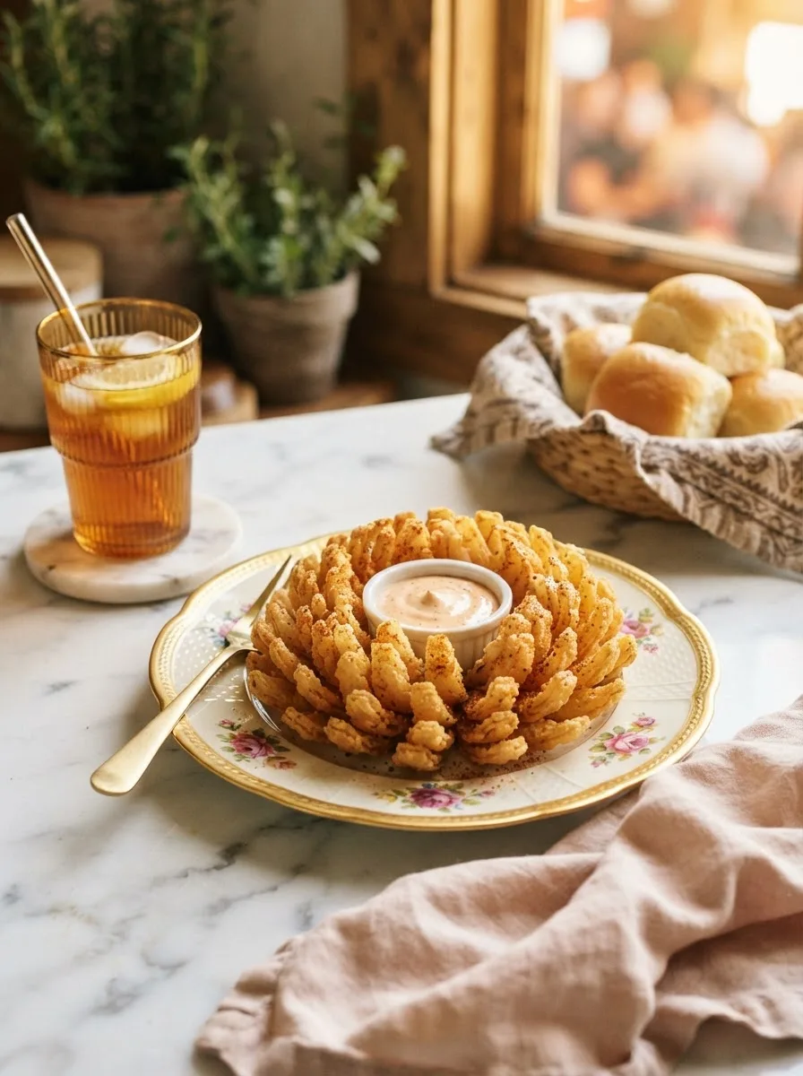 Onion blossom texas roadhouse copycat served at a table with iced tea and rolls