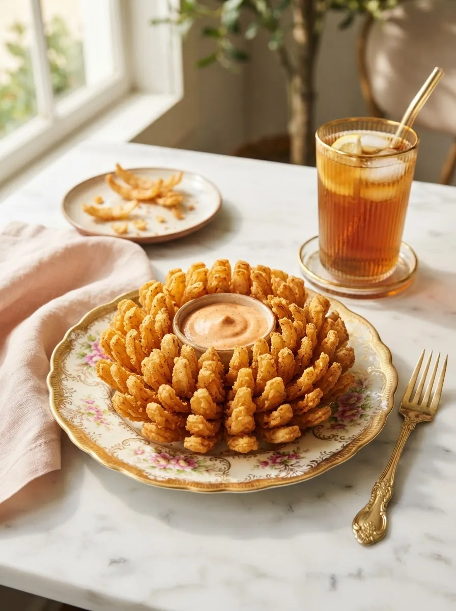 Texas roadhouse onion blossom served on a table with iced tea and spicy dip