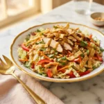Thai chicken salad cheesecake factory copycat with peanut dressing in a floral gold-rim bowl