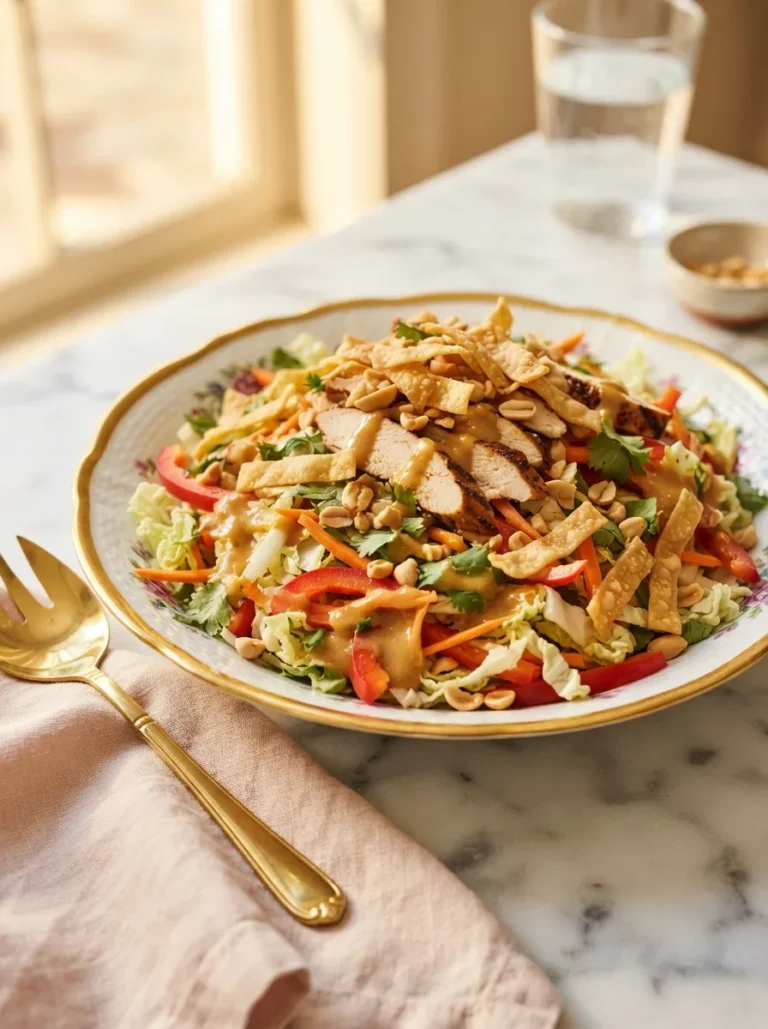 Thai chicken salad cheesecake factory copycat with peanut dressing in a floral gold-rim bowl