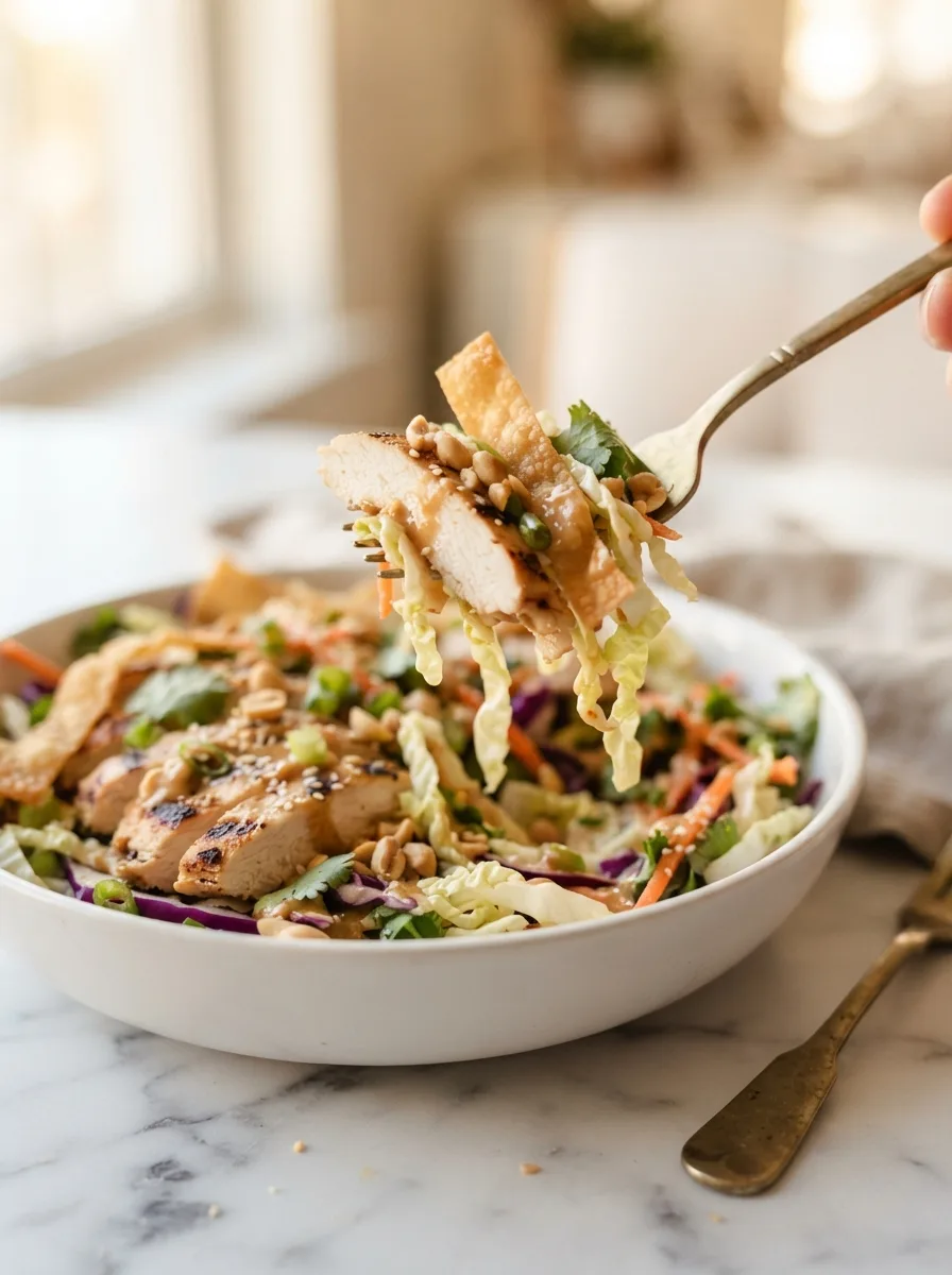 Forkful of crunchy napa cabbage and grilled chicken coated in peanut-lime dressing