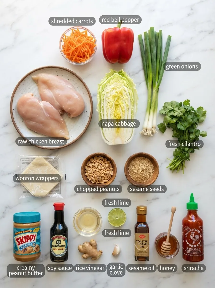 Thai chicken salad cheesecake factory ingredients including napa cabbage, peanut butter, and wonton wrappers