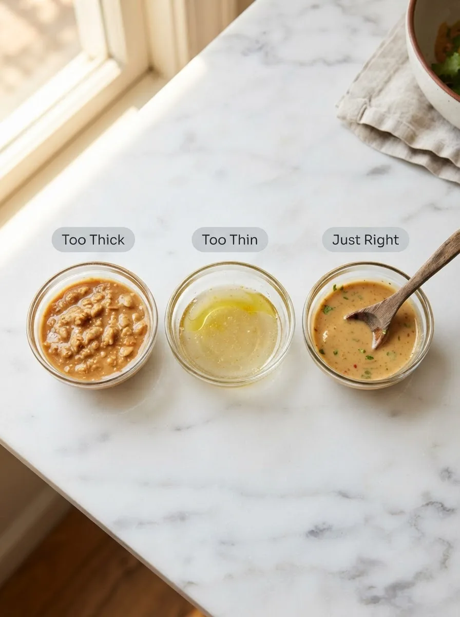 Comparison of thai chicken salad dressing consistency — too thick, too thin, and just right