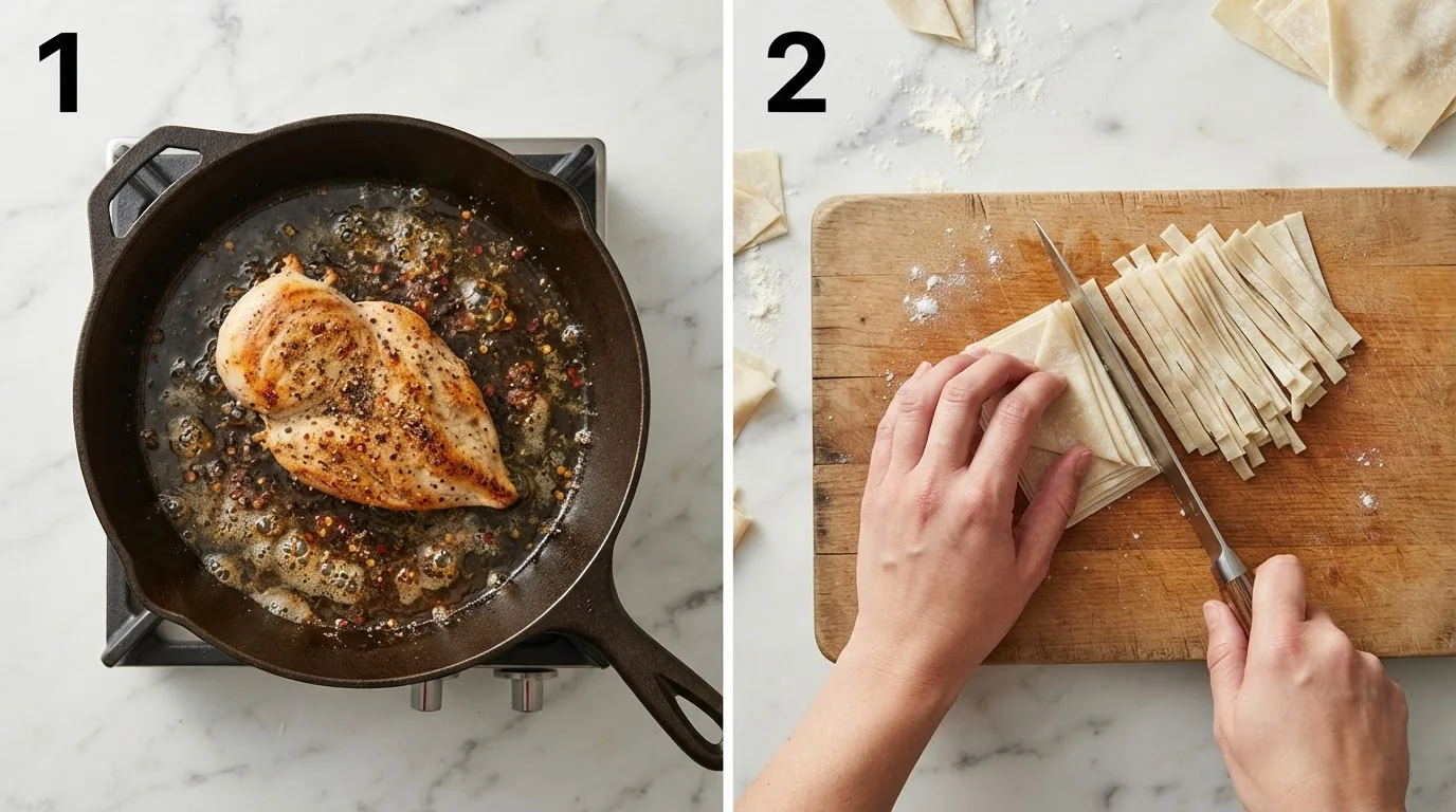 Searing seasoned chicken breast in a skillet until golden brown / Slicing wonton wrappers into strips for baked wonton crisps