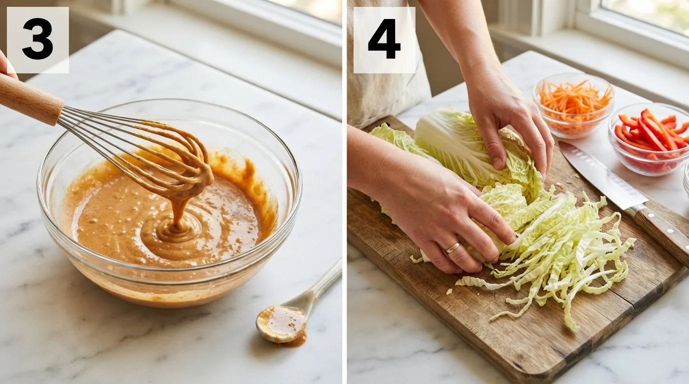 Whisking glossy peanut-lime dressing until it coats the back of a spoon / Shredding napa cabbage and carrots for thai chicken salad