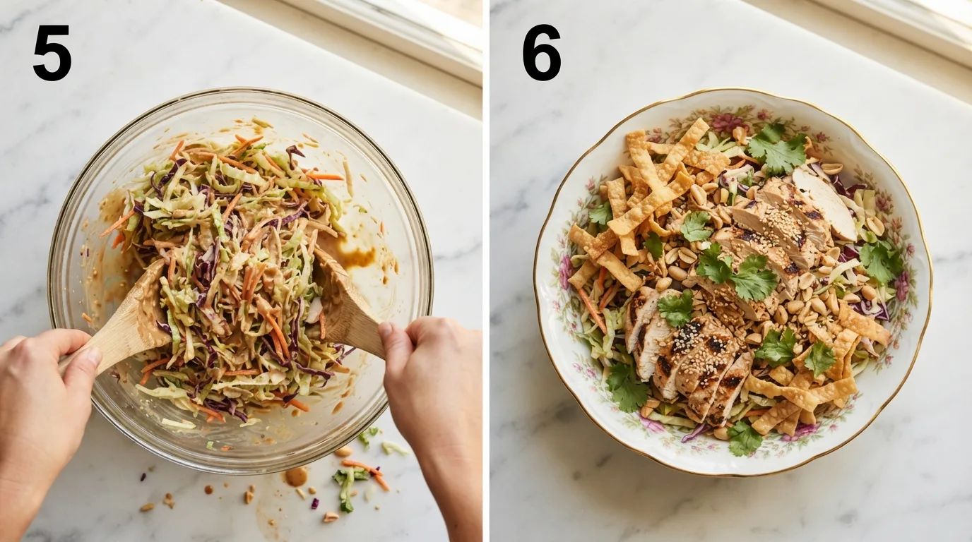 Tossing shredded cabbage salad with peanut-lime dressing using tongs / Finished thai chicken salad topped with chicken, wonton strips, and peanuts