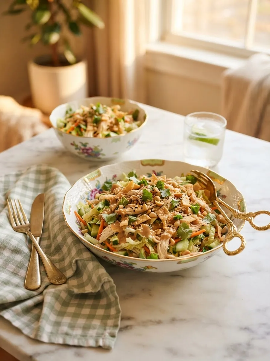 Thai chicken salad cheesecake factory copycat styled on a table with lime and gold tongs