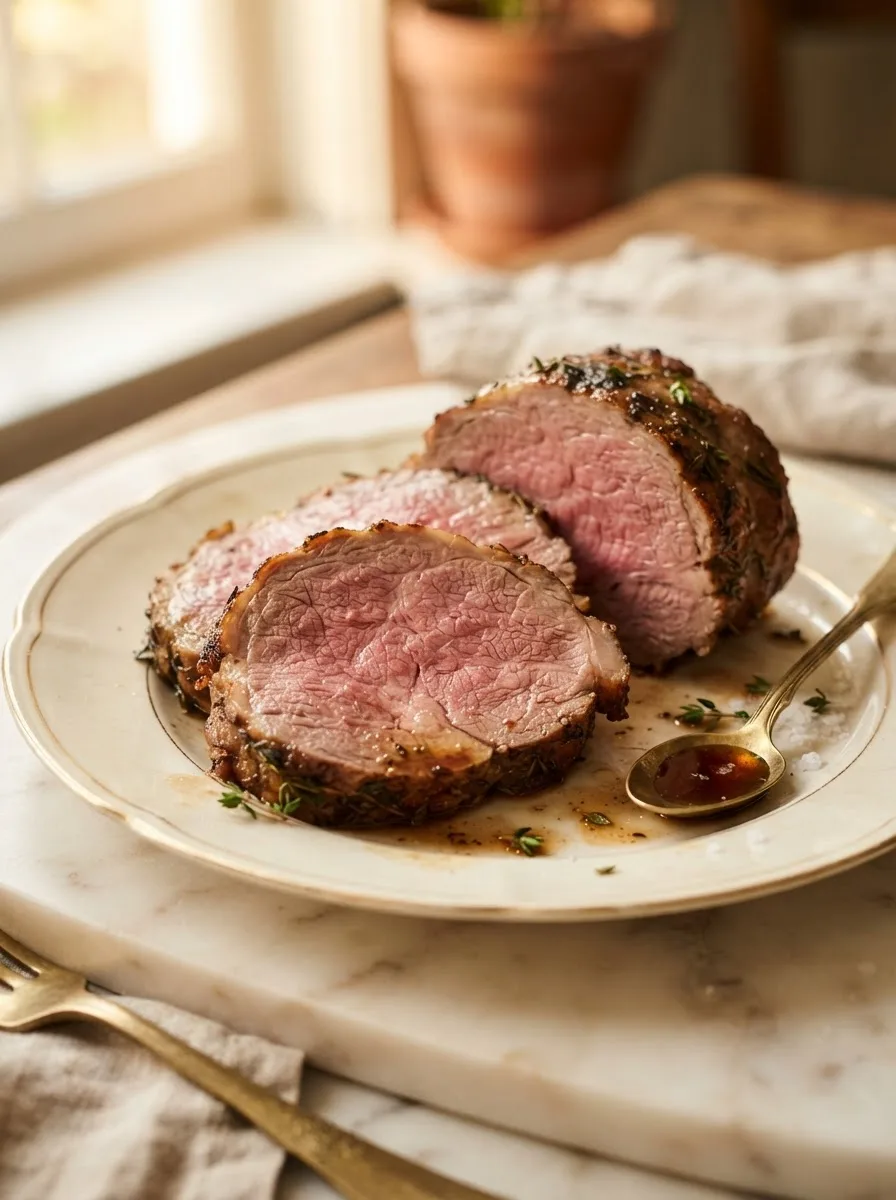 Sliced leg of lamb showing even pink center and golden crust with pan jus drizzled over