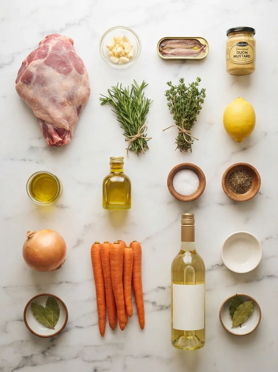 Overhead flat lay of leg of lamb ingredients including garlic, anchovy, rosemary, and lemon