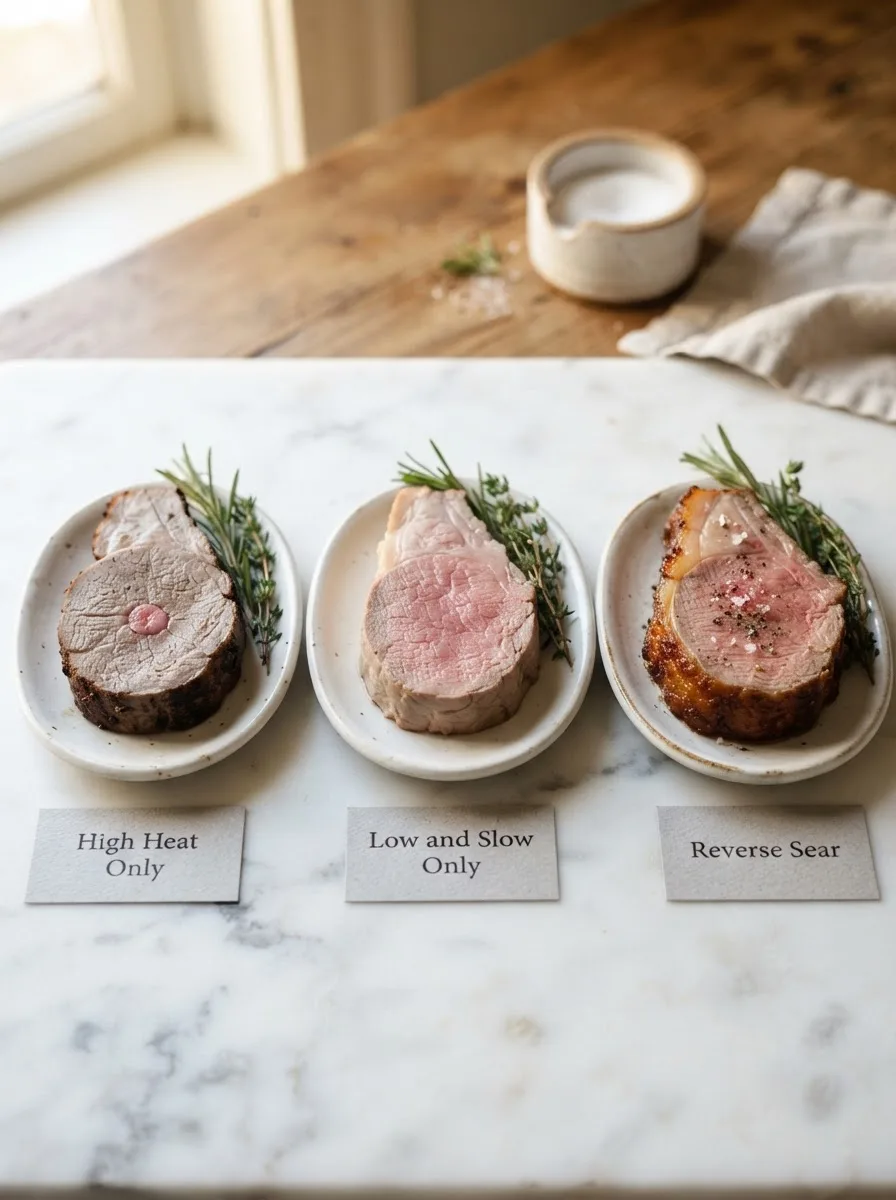 Comparison of three lamb slices showing high heat, low and slow, and reverse sear results