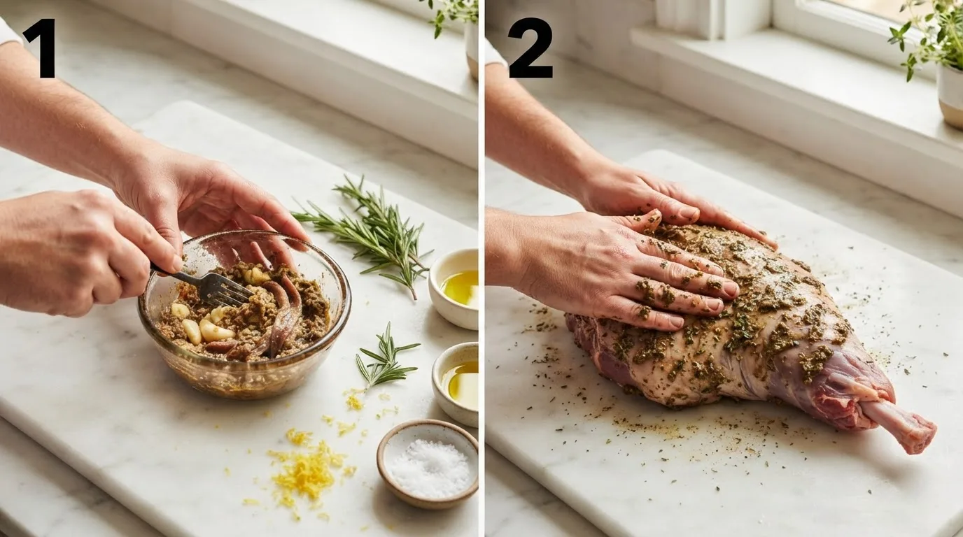 Mashing garlic and anchovy fillets into a paste with a fork in a glass bowl / Rubbing garlic-herb paste over a whole boneless leg of lamb on marble