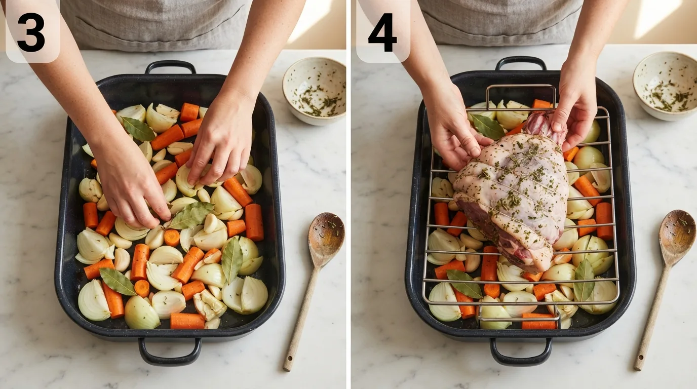 Arranging sliced onions and carrots in the bottom of a roasting pan / Placing a tied leg of lamb onto a wire rack in a roasting pan