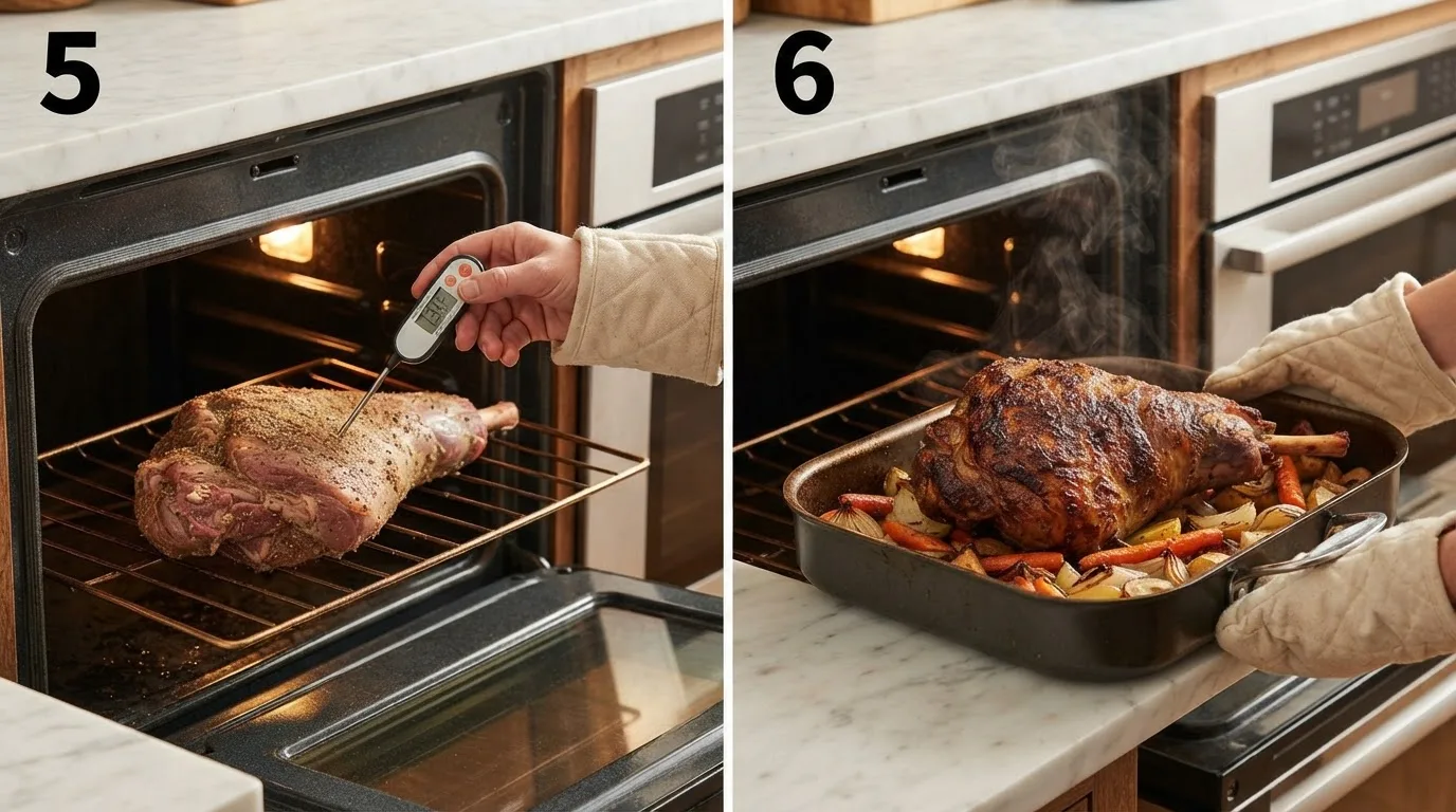 Checking internal temperature of roasting lamb with an instant-read thermometer / Pulling a golden-brown crusted leg of lamb out of the oven