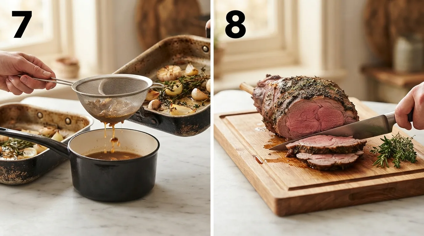 Straining pan drippings and roasted vegetables through a sieve into a saucepan / Carving a rested leg of lamb into thick slices with an even pink center