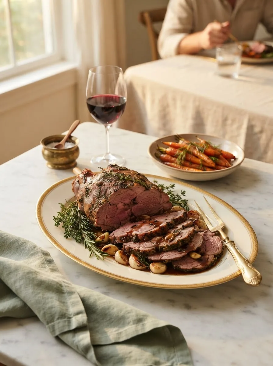 Carved leg of lamb plated with pan jus, roasted carrots, and a glass of red wine