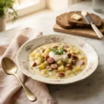 Creamy vomacka soup recipe with fresh dill, potatoes, and sliced hot dogs in a rustic white bowl