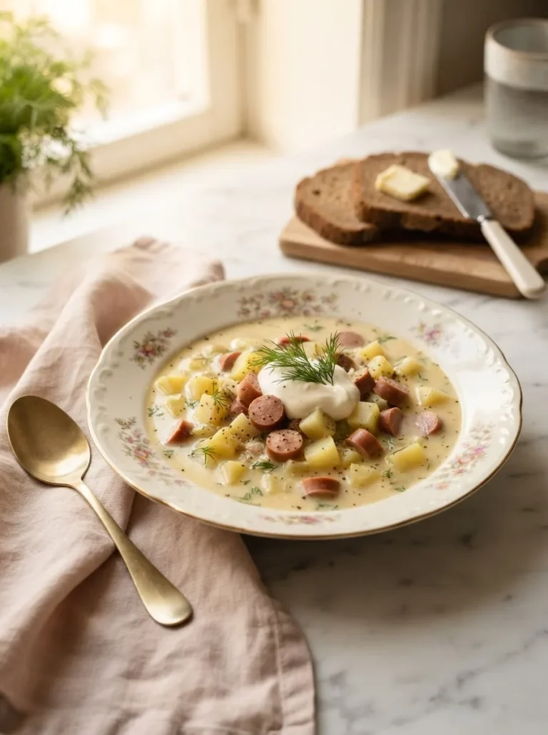 Creamy vomacka soup recipe with fresh dill, potatoes, and sliced hot dogs in a rustic white bowl