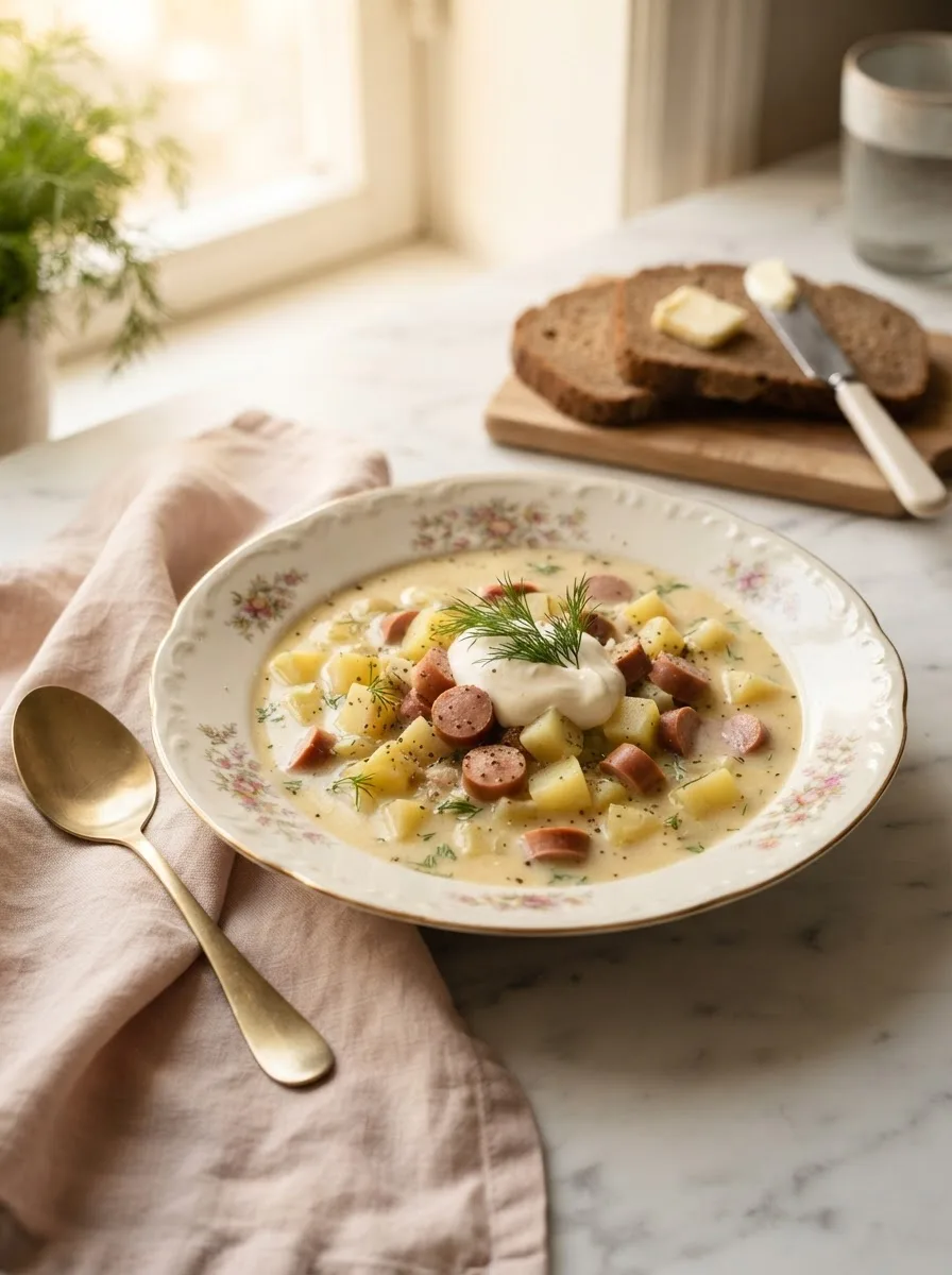Creamy vomacka soup recipe with fresh dill, potatoes, and sliced hot dogs in a rustic white bowl