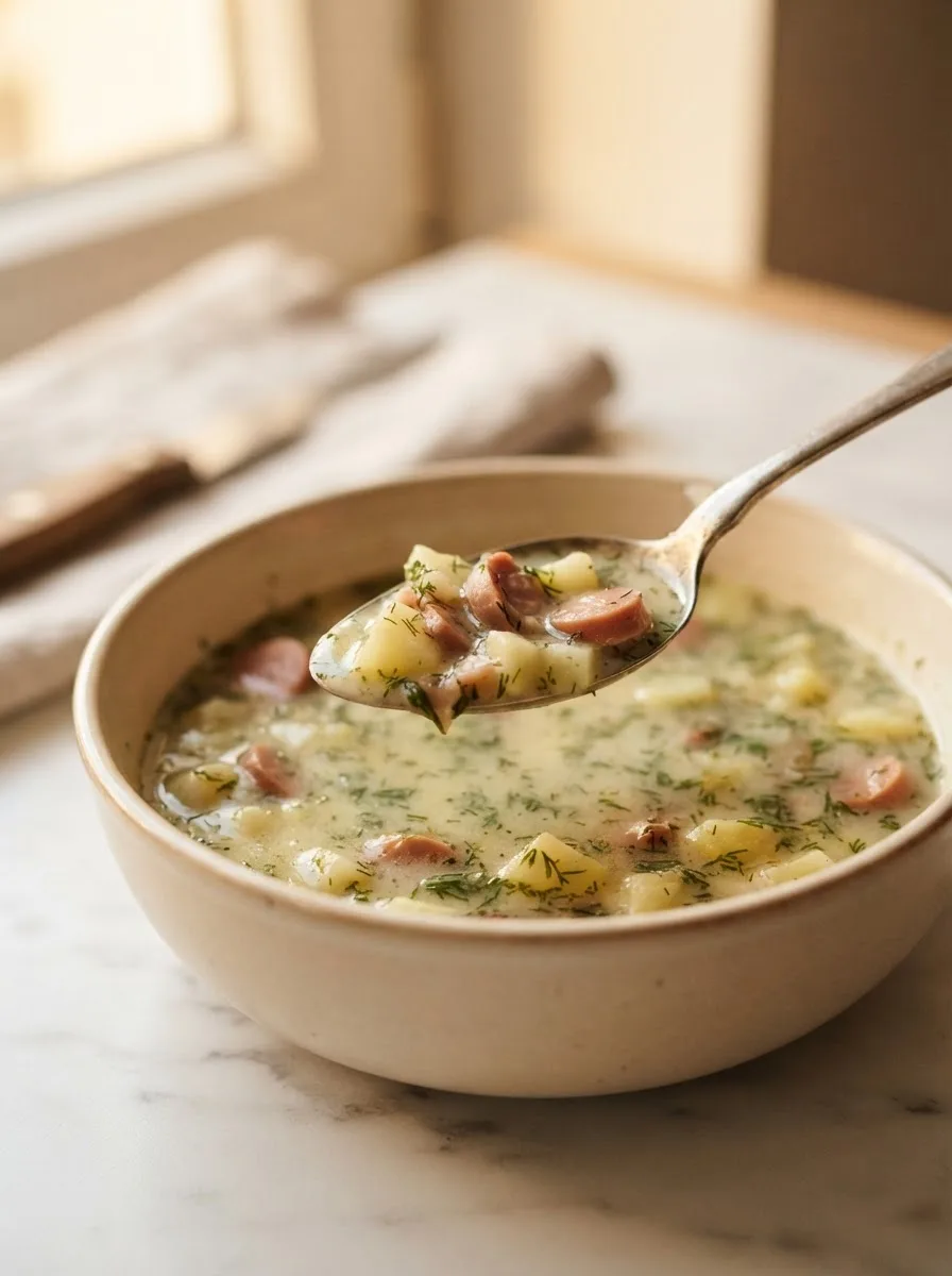 Close-up of czech dill soup showing creamy broth studded with dill and diced potato