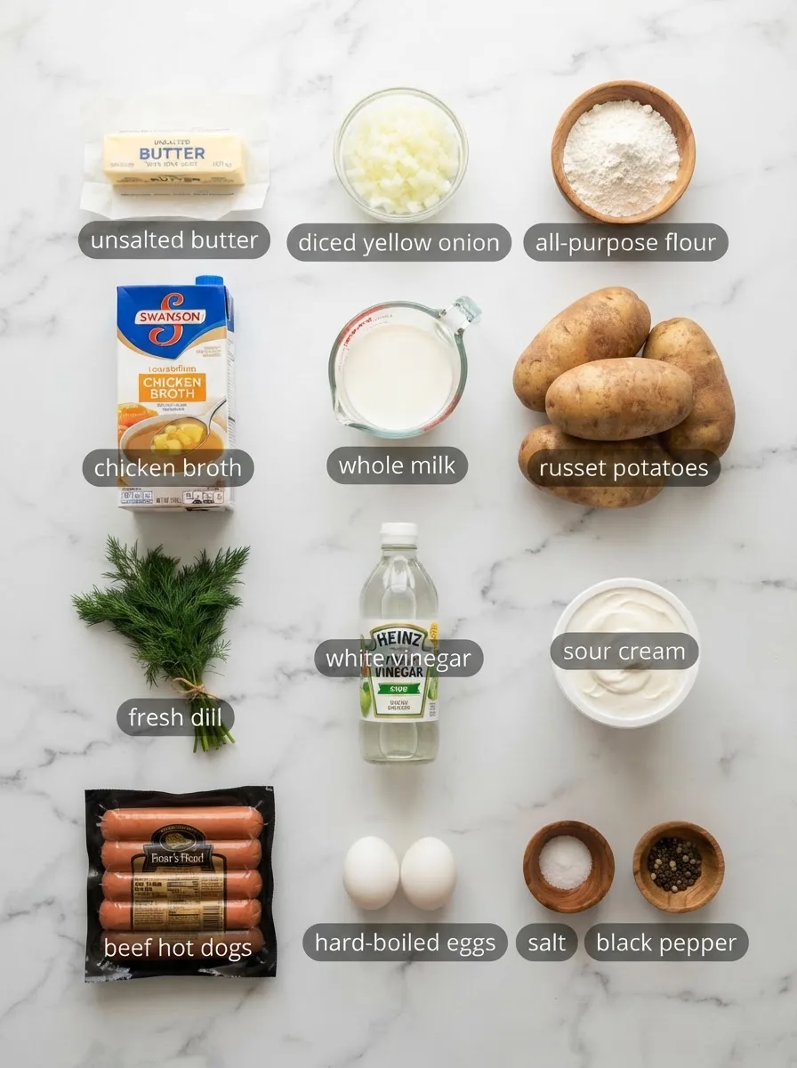 Ingredients for vomacka soup recipe including dill, potatoes, sour cream, and hot dogs