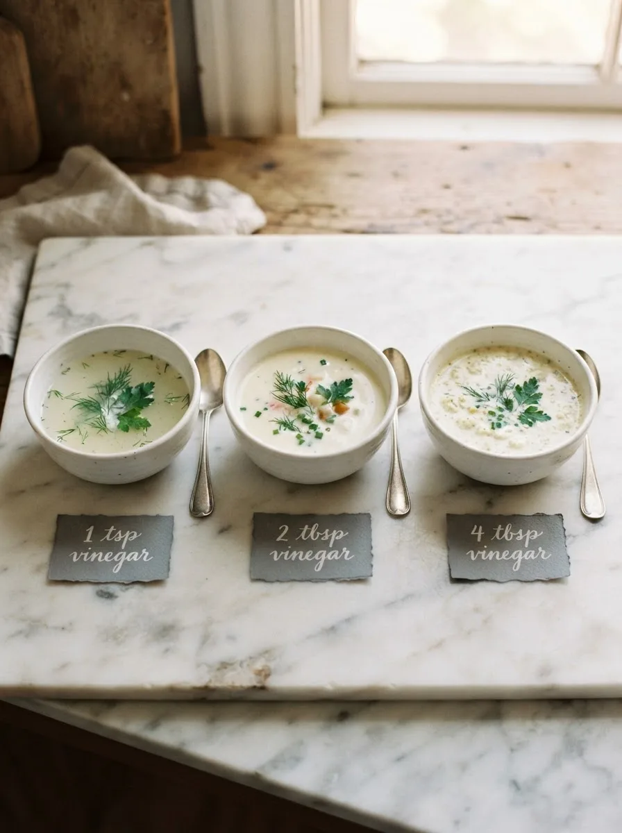 Side-by-side comparison of Czech dill soup tang levels in white bowls