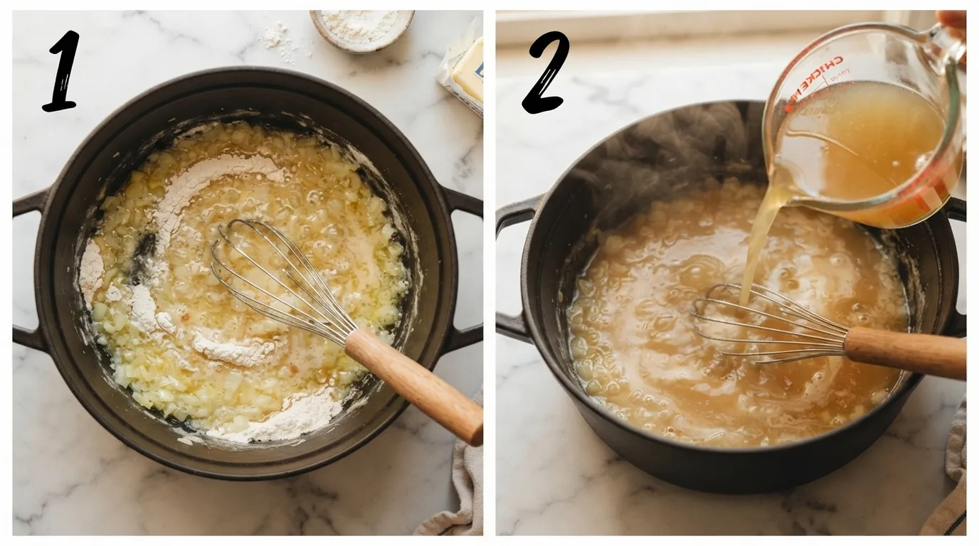 Whisking flour and onion into melted butter to form a pale roux / Pouring chicken broth into the roux while whisking for vomacka soup