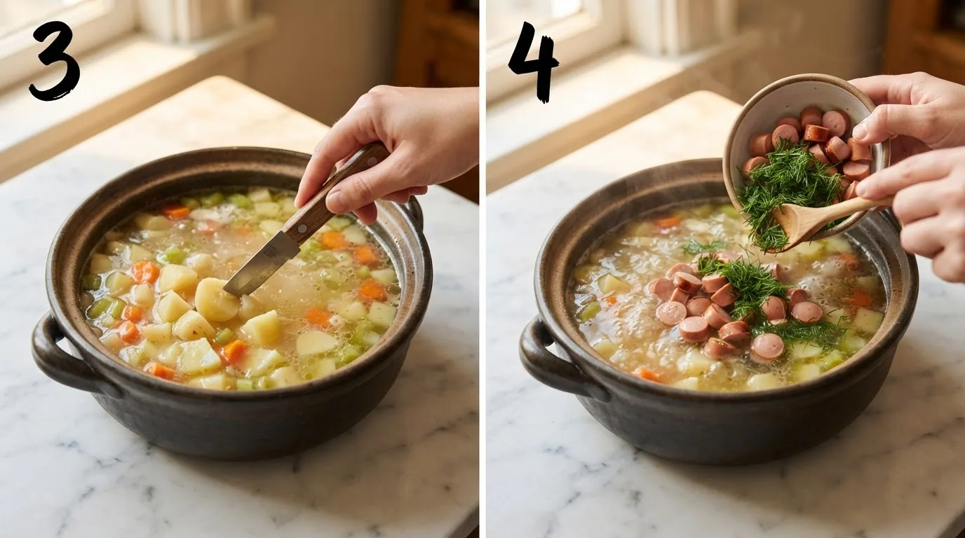 Testing a potato for tenderness in simmering vomacka soup broth / Adding sliced hot dogs and fresh dill into the simmering soup pot