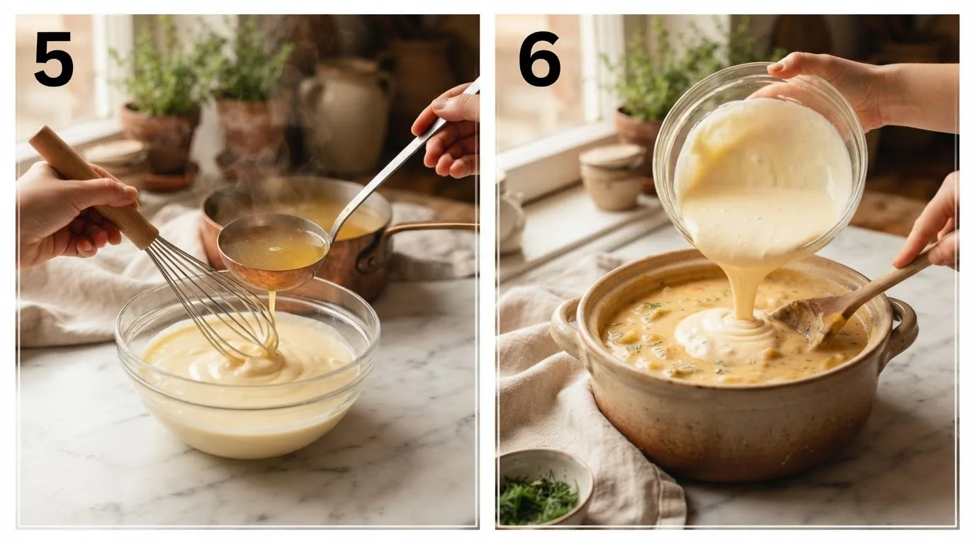 Tempering sour cream with warm broth in a glass bowl before adding to soup / Stirring tempered sour cream and vinegar into finished vomacka soup