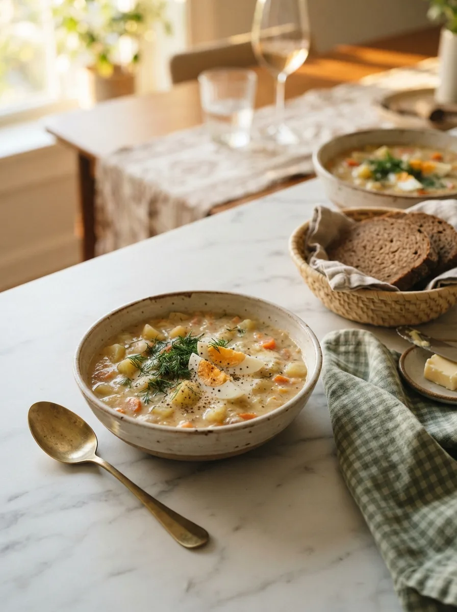 Rustic table scene with creamy Czech dill soup, rye bread, and pickles