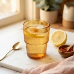 Foolproof water lemon and cayenne drink in an amber glass tumbler on white marble