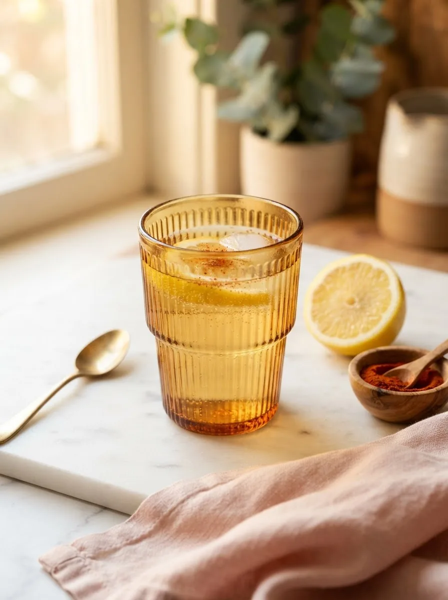Foolproof water lemon and cayenne drink in an amber glass tumbler on white marble