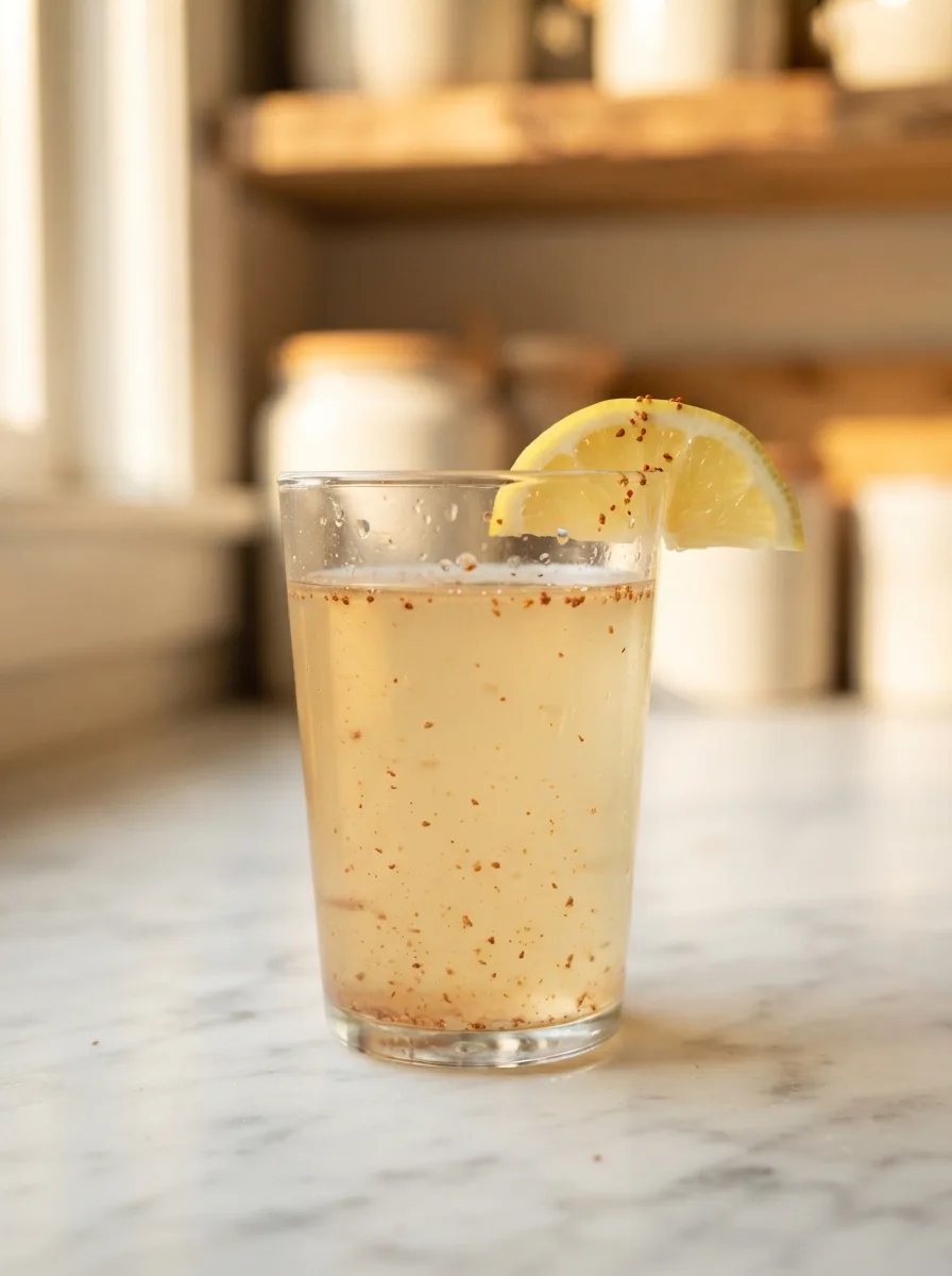 Close-up of evenly suspended cayenne pepper in a glass of lemon water