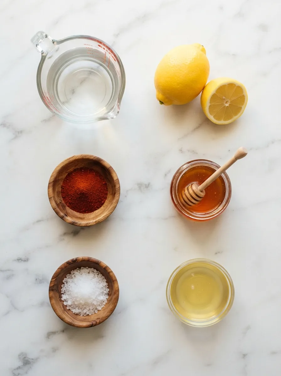 Ingredients for water lemon and cayenne recipe laid flat on white marble