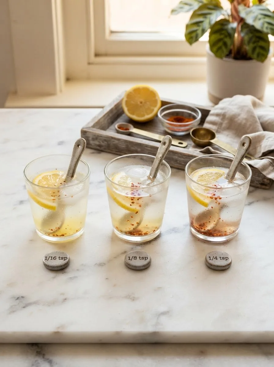 Three glasses comparing cayenne pepper ratios in lemon water