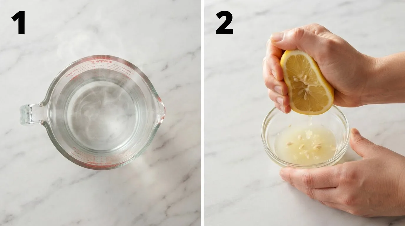 Steam rising from a glass measuring cup of warm water / Hands juicing a fresh lemon half into a small glass bowl