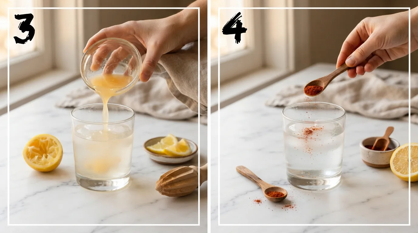 Pouring fresh lemon juice into a glass of warm water / Sprinkling cayenne pepper onto the surface of lemon water