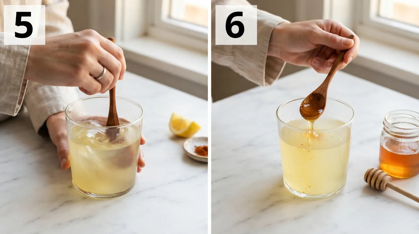 Spoon vigorously stirring cayenne into a glass of lemon water / Stirring a teaspoon of honey into finished lemon cayenne water
