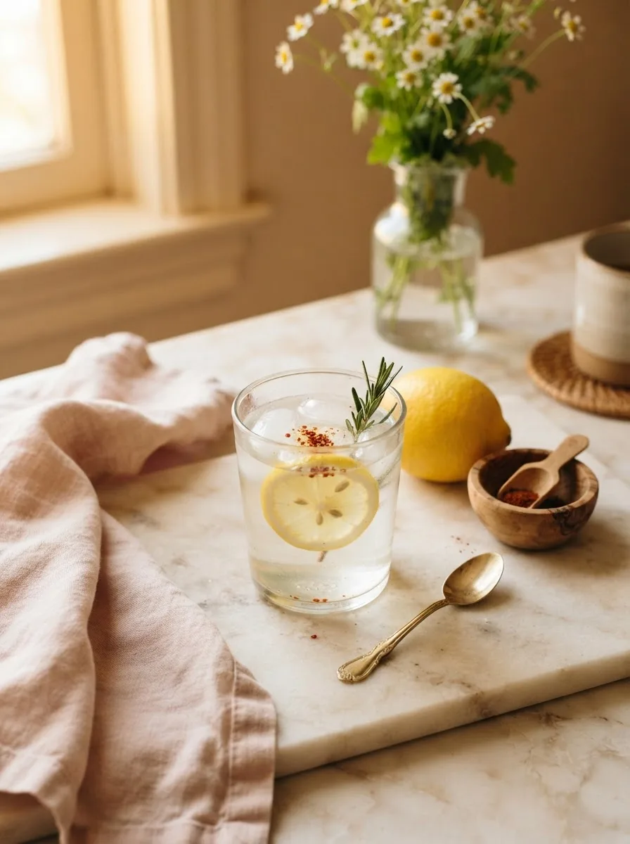 Styled table scene with lemon and cayenne water, lemon, and gold spoon