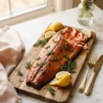 Wes Canfield smoked salmon recipe with glossy amber glaze and flaked coral interior
