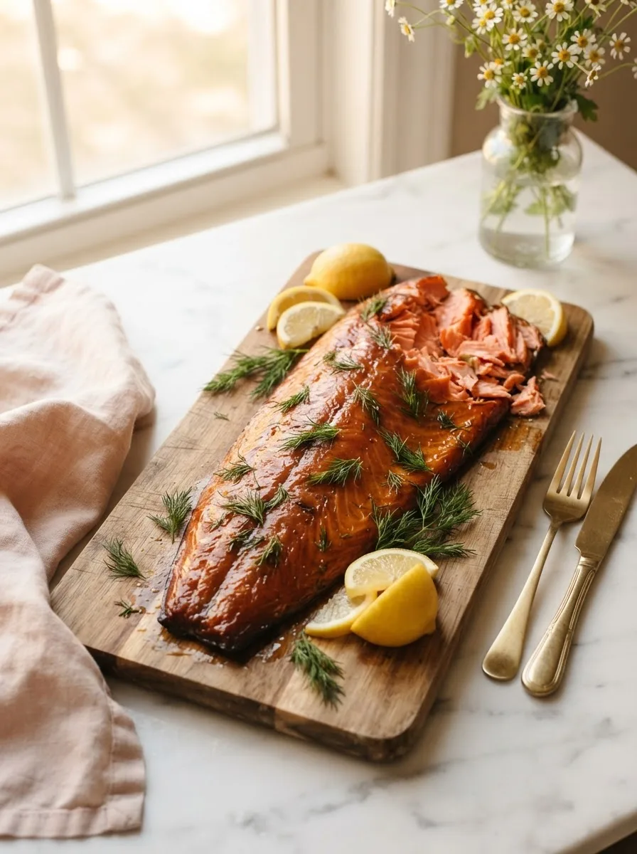 Wes Canfield smoked salmon recipe with glossy amber glaze and flaked coral interior