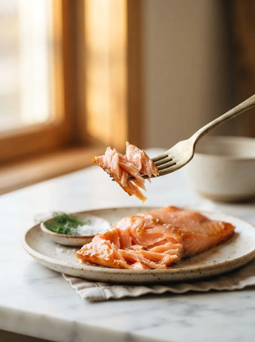 Close-up of flaky smoked salmon interior showing moist coral-pink texture