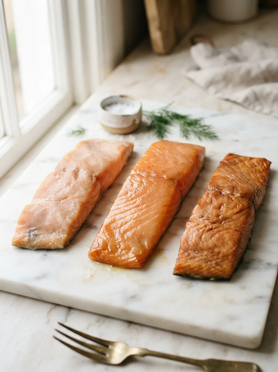 Comparison of smoked salmon brine times showing texture differences
