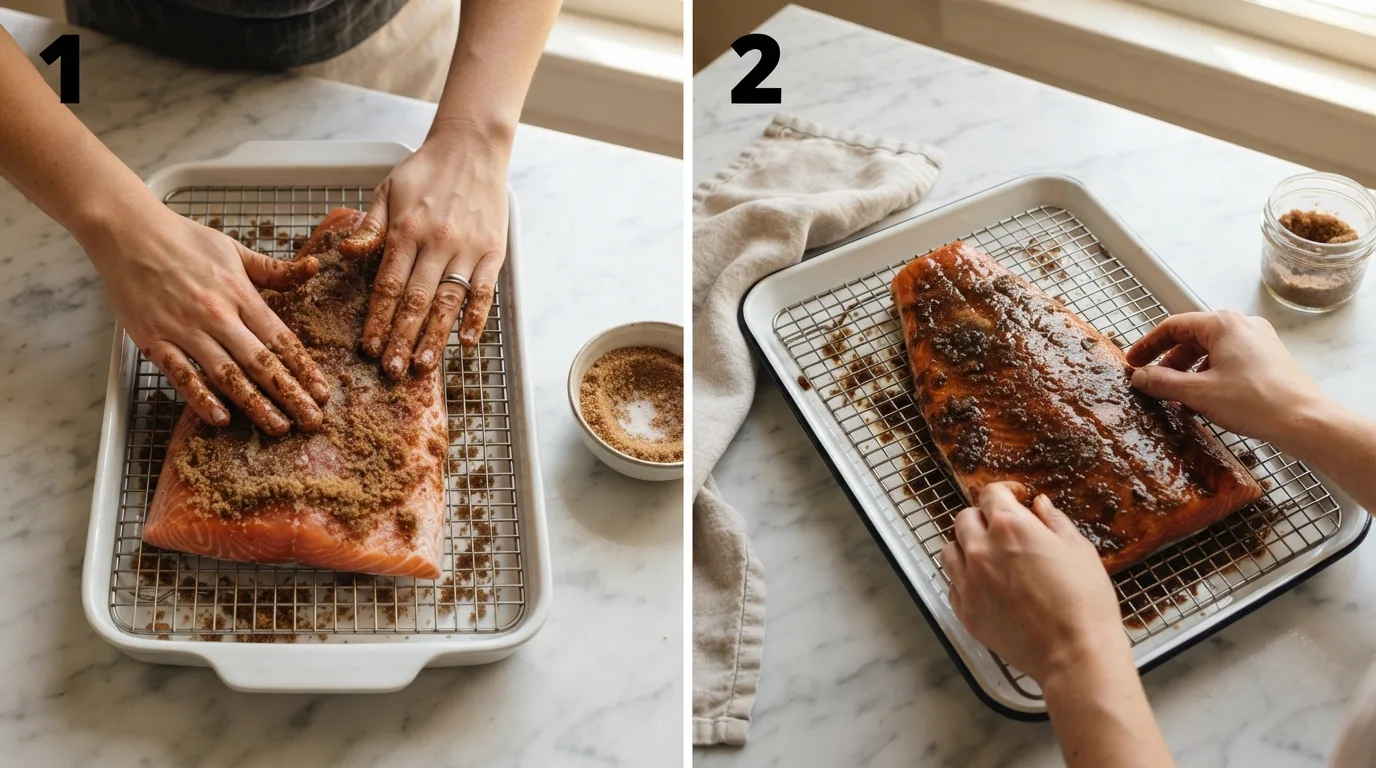 Hands pressing brown sugar salt brine onto raw salmon fillet / Brined salmon fillet resting on a wire rack before refrigeration