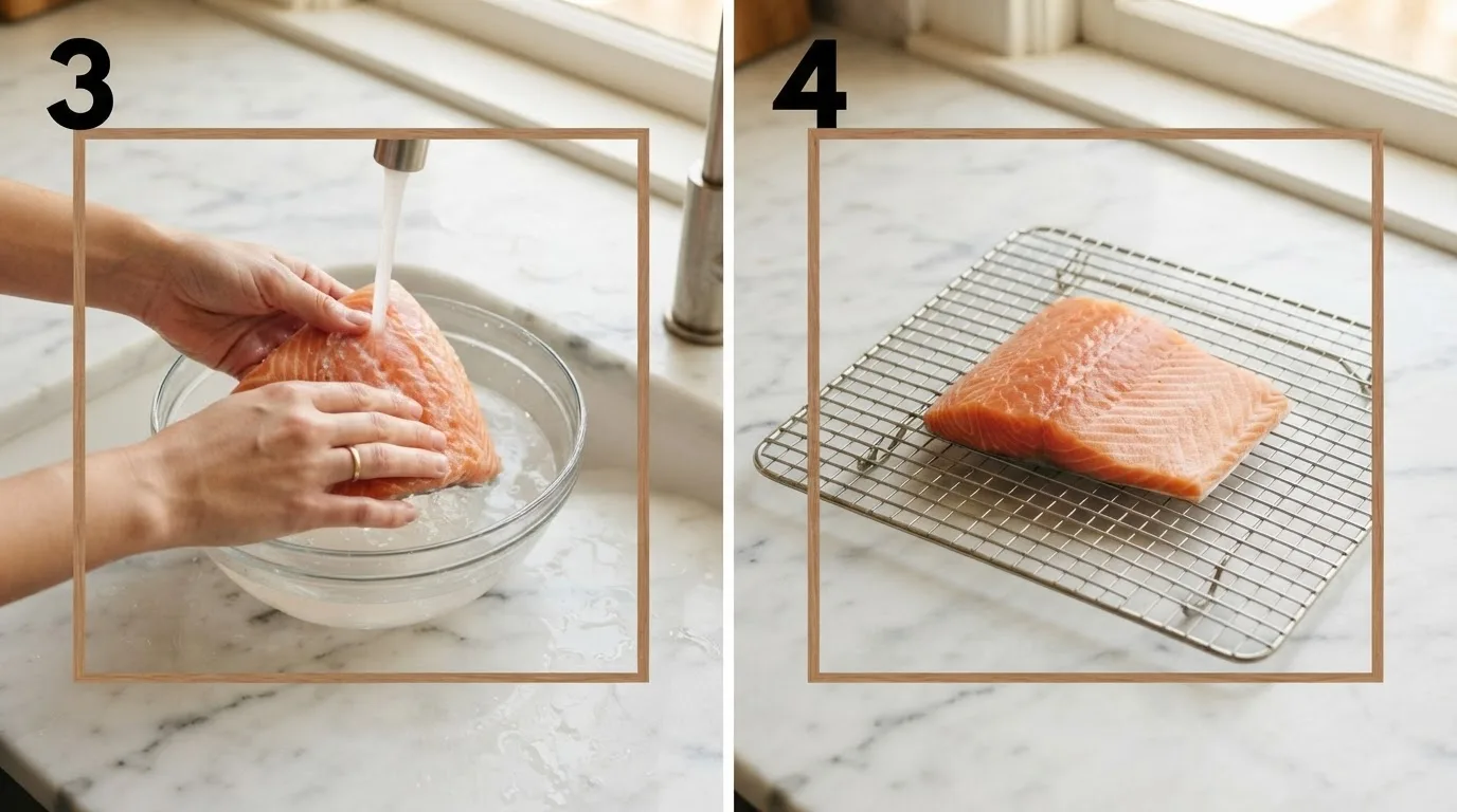 Rinsing brown sugar salt brine off a salmon fillet under water / Dried salmon fillet forming a tacky pellicle before smoking