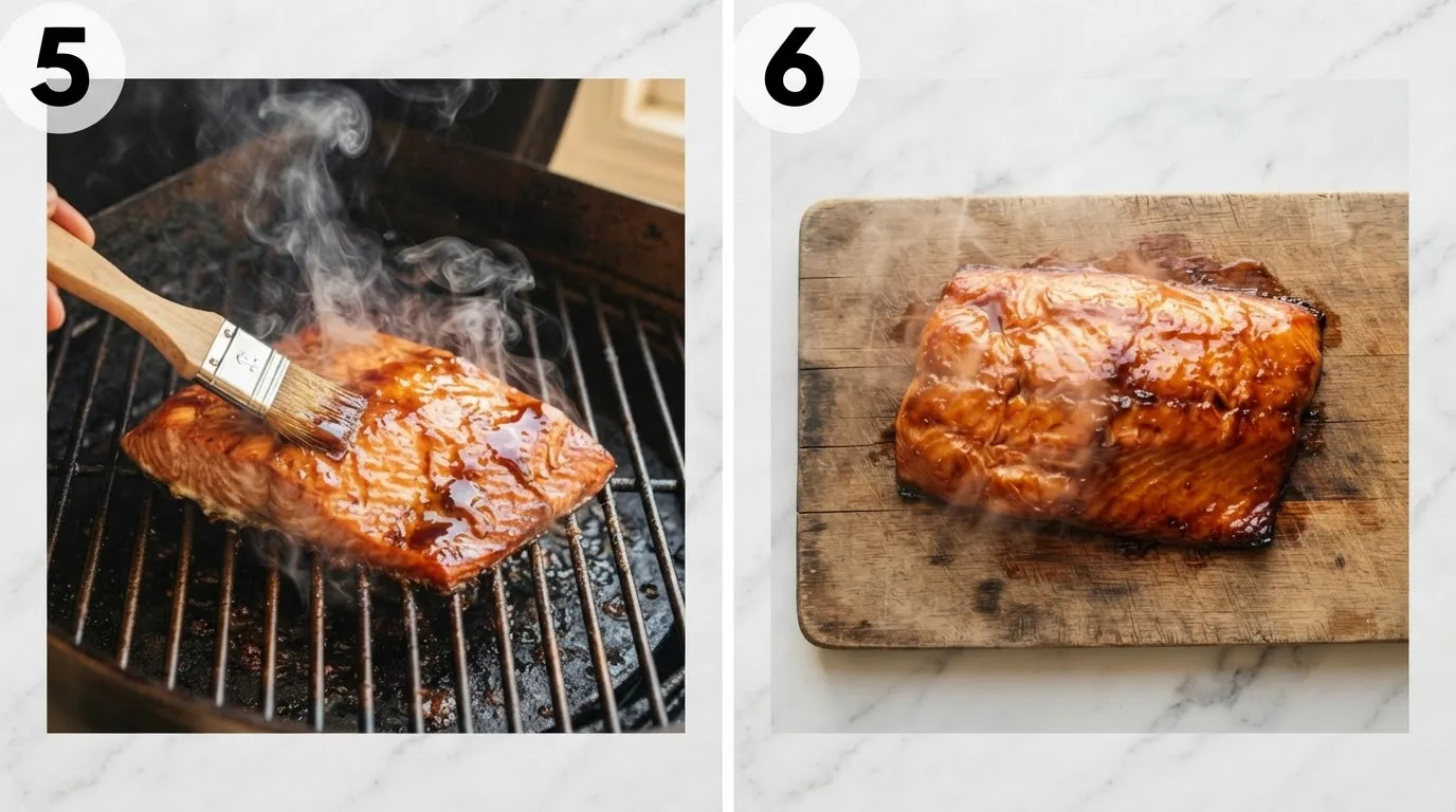 Brushing maple soy glaze onto smoked salmon on the smoker / Finished glossy smoked salmon resting on a wooden board