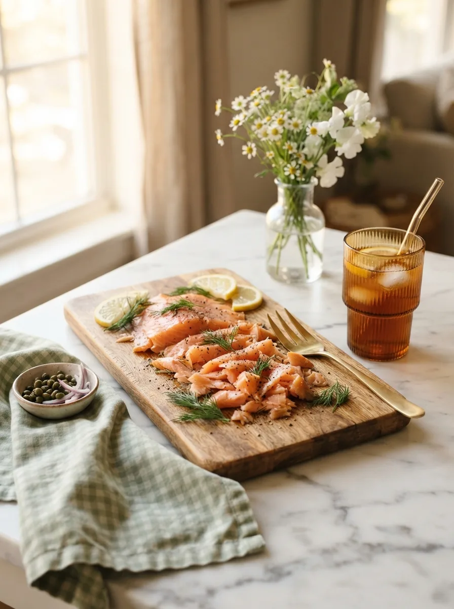 Smoked salmon served on a wooden board with dill and lemon at a summer table